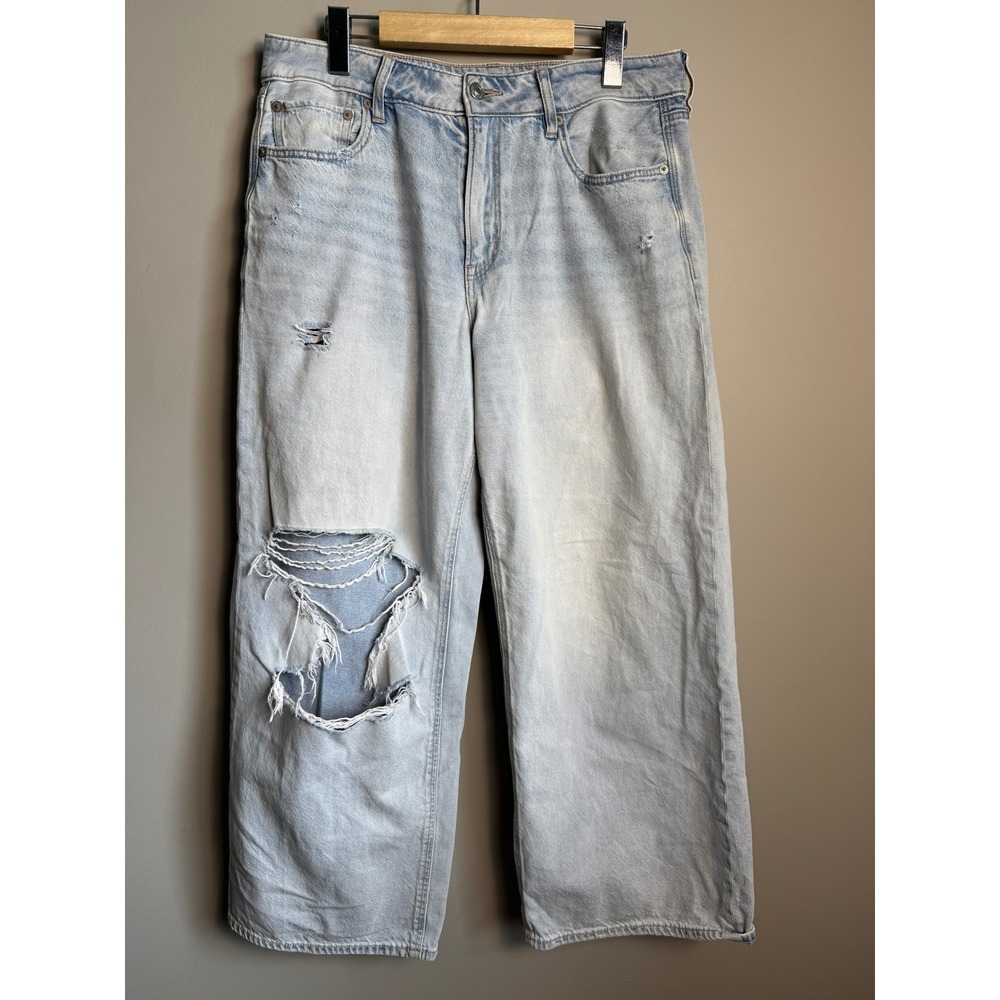 American Eagle High Rise Destroyed Baggy Wide Leg Ankle Jean 8 Grunge Streetwear